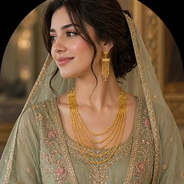 Model wearing gold jewelry